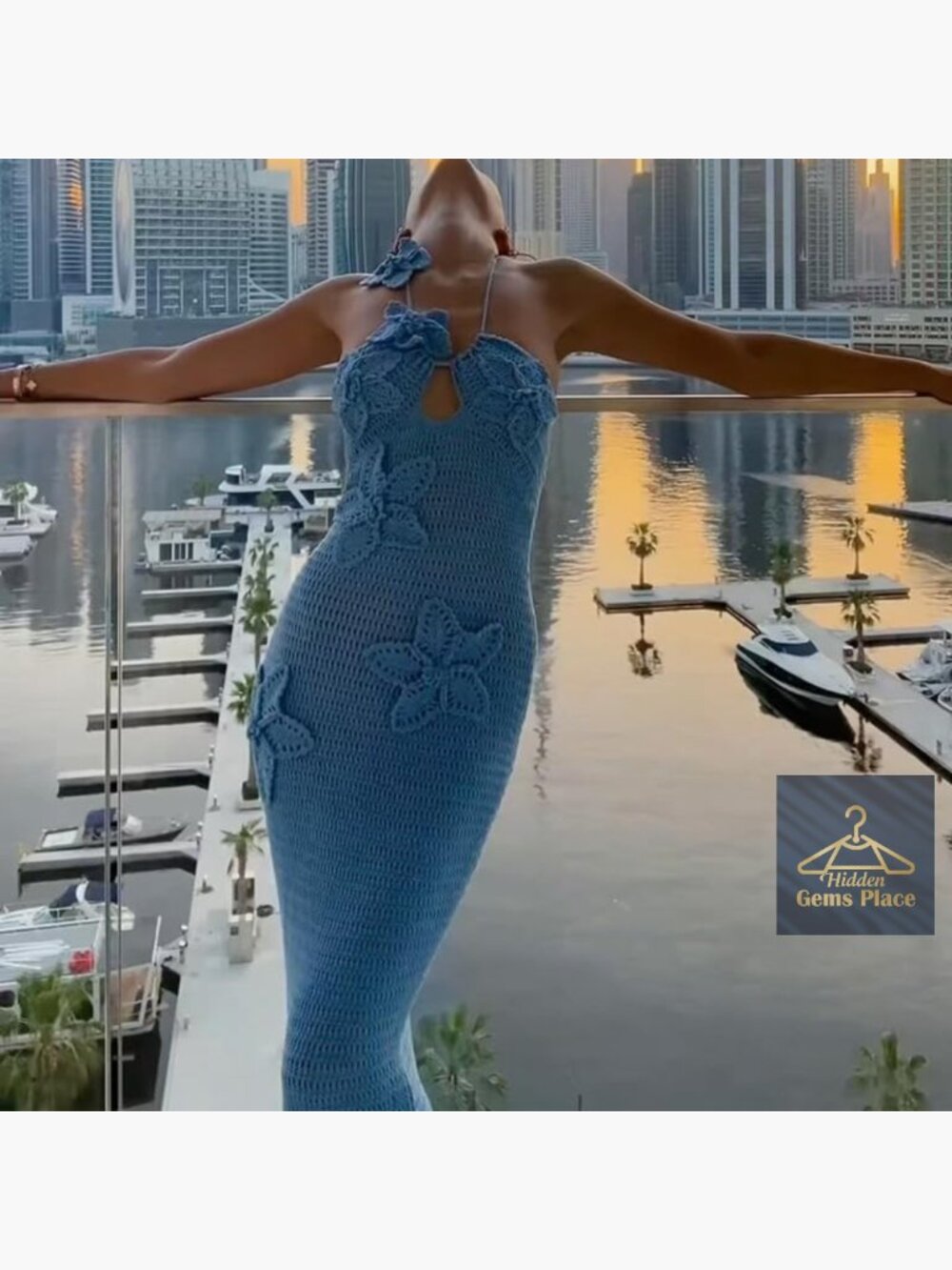 Halter Backless Maxi Dress with 3D Floral Knit for Beach Coverup or Party - Picture 4 of 7